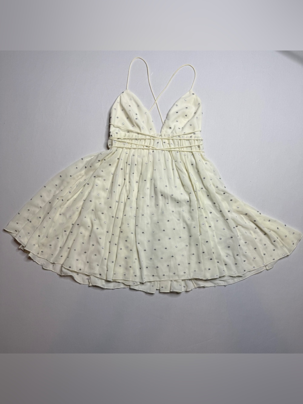 Free People BOHO Dot Mini Dress Size 2 Off White Embroidered Plunging Neckline